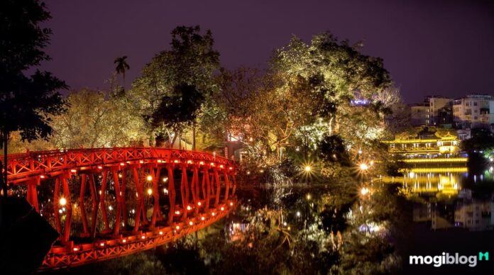 The Huc Bridge on Hoan Kiem Lake Hanoi
